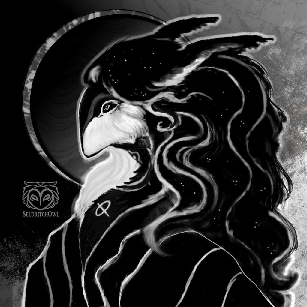 An image of a grey-white coloured outline head of a creature that looks akin to an owl. The text underneath reads: SeldritchOwl.